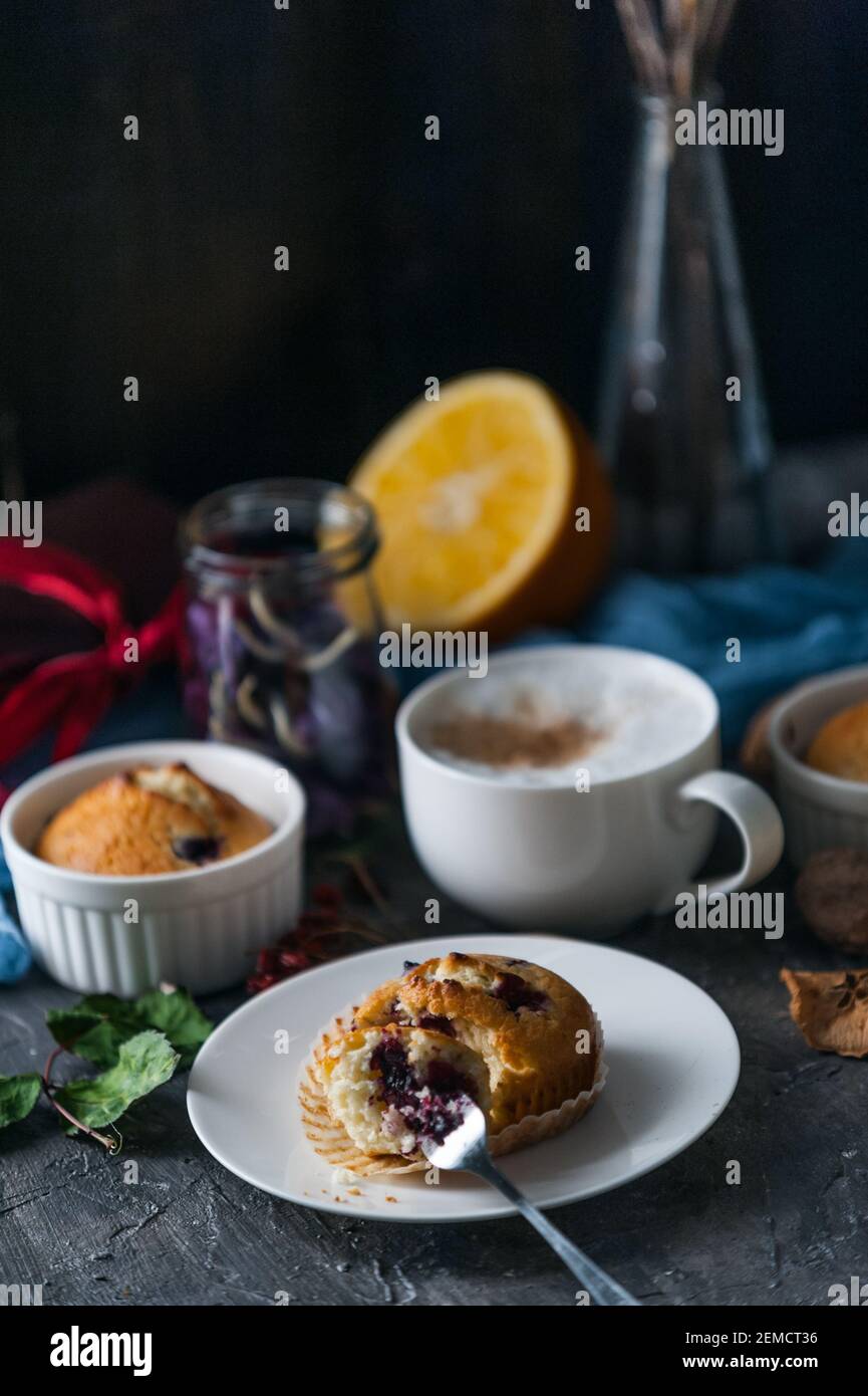spring breakfast with muffins in rustic style Stock Photo - Alamy