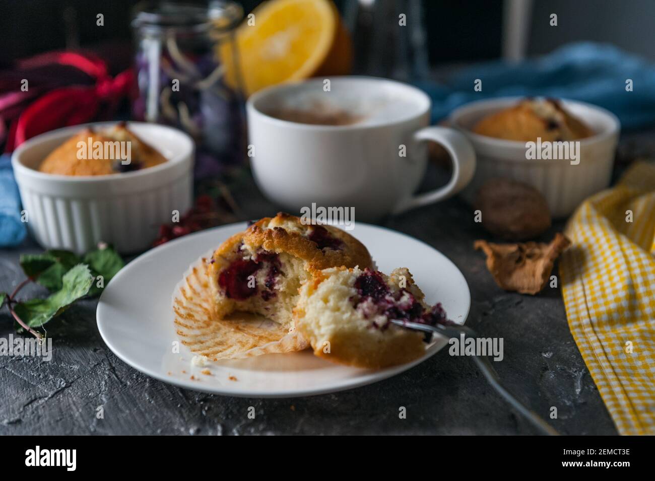 spring breakfast with muffins in rustic style Stock Photo - Alamy
