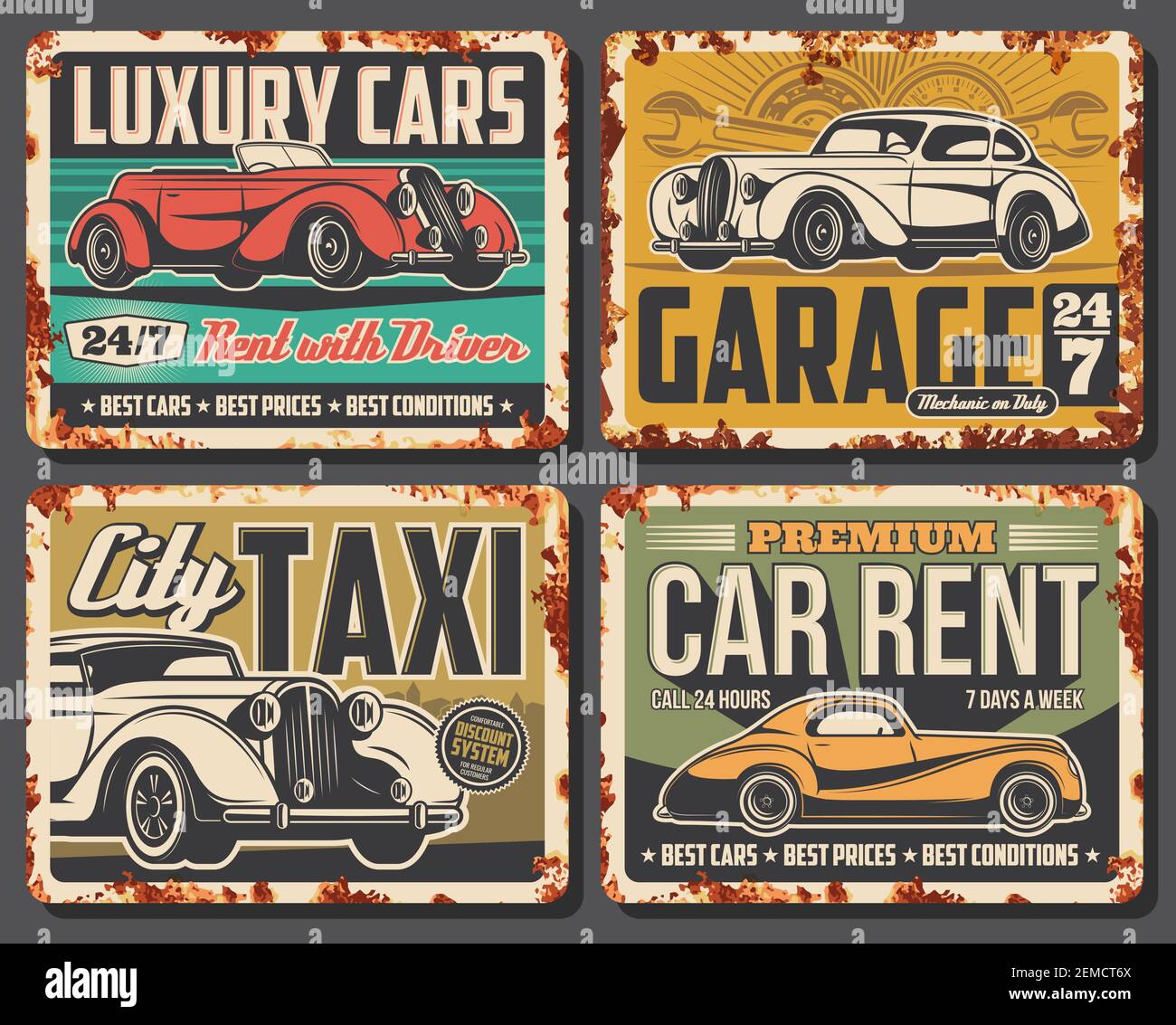 Cars rusty metal plates, retro auto service vector rust tin signs. Mechanic  garage and vehicle maintenance station. Automobile repair and luxury premi  Stock Vector Image & Art - Alamy