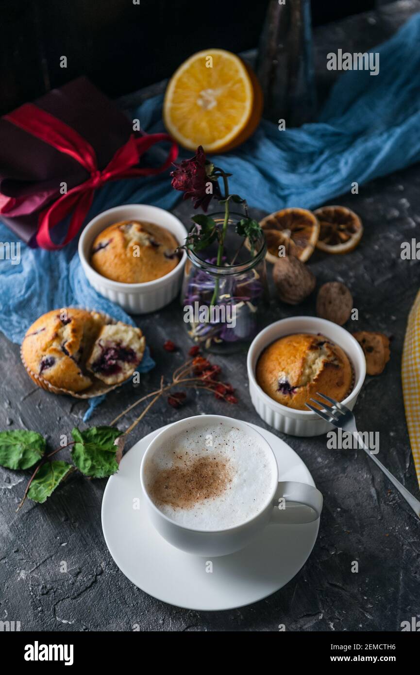 spring breakfast with muffins in rustic style Stock Photo - Alamy