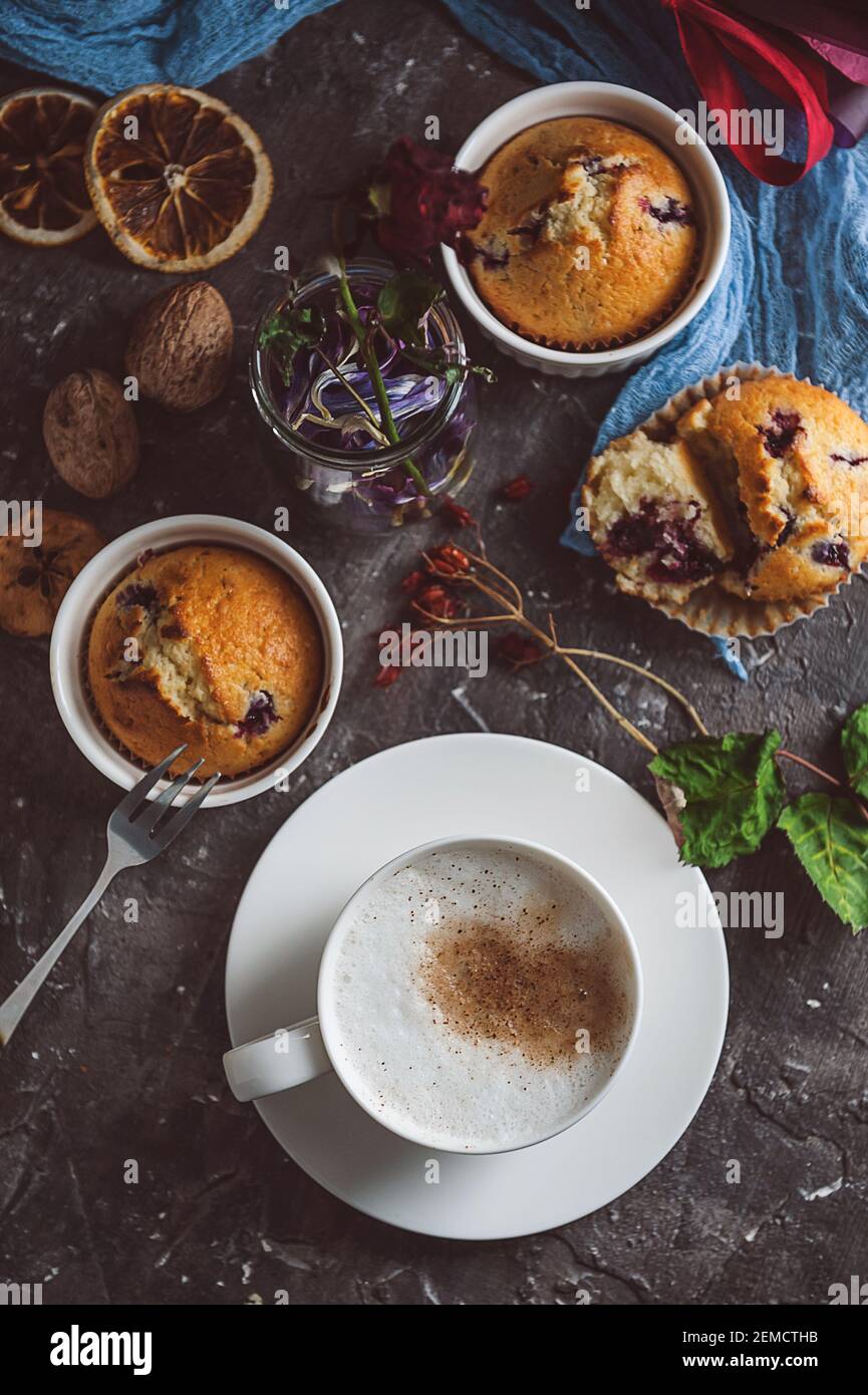 spring breakfast with muffins in rustic style Stock Photo - Alamy