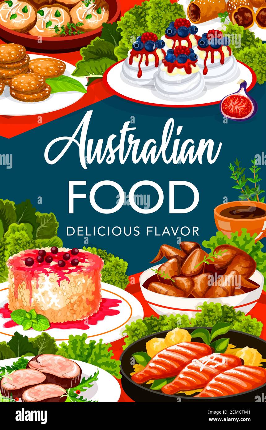 Australian food menu, buffet meal dishes, traditional Australia restaurant, vector. Australian veal meat, barbecue chicken wings and perch wit Stock Vector Image & Art - Alamy