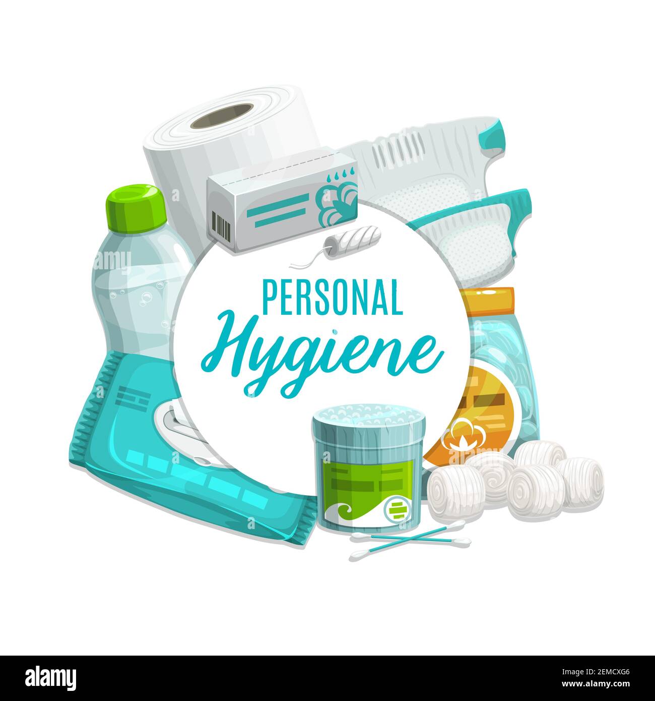 Personal care and hygiene products vector design. Cleansing towel or wipe, toilet paper and bottle of micellar water, cotton wool balls, ear stick Stock Vector Image & Art - Alamy