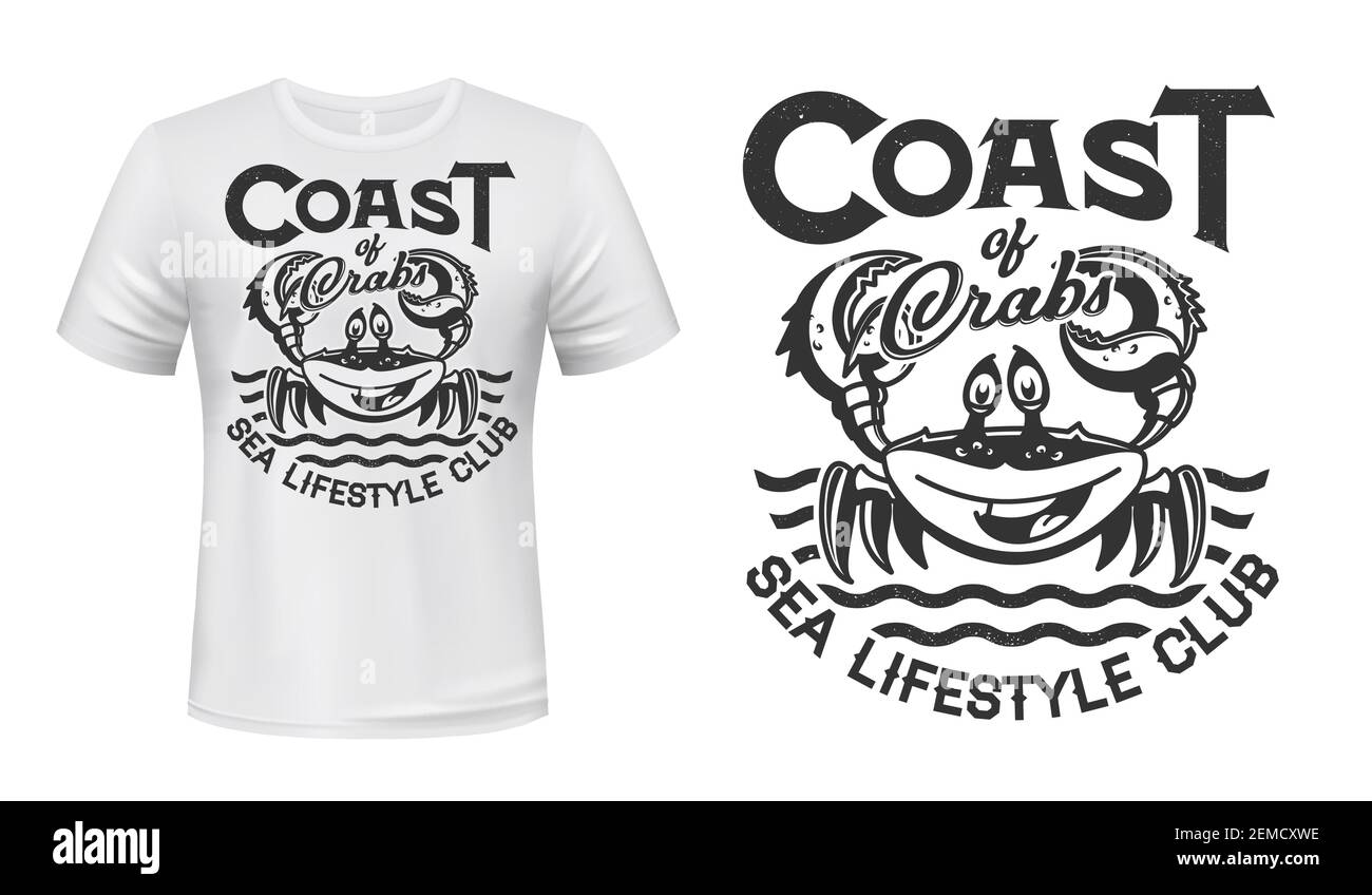 https://c8.alamy.com/comp/2EMCXWE/crab-t-shirt-print-mockup-sea-waves-marine-club-or-fishing-vector-grunge-design-smiling-crab-with-claws-on-ocean-waves-sign-for-coast-beach-surfin-2EMCXWE.jpg