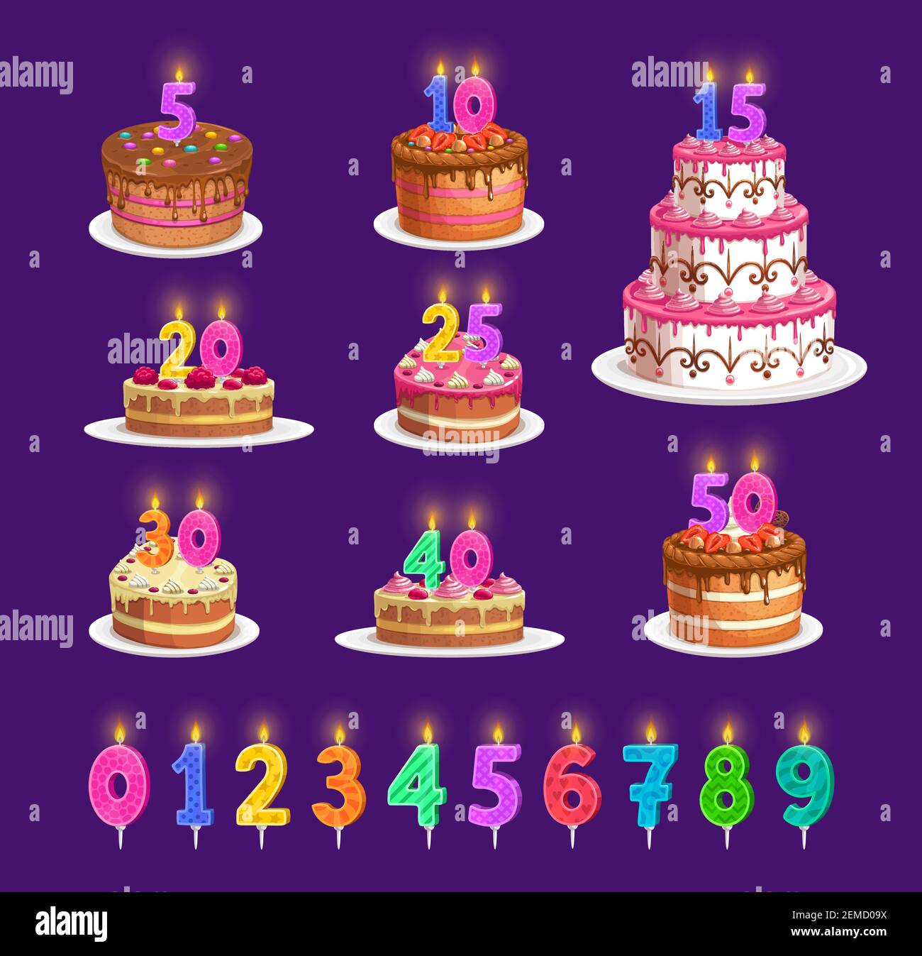 Candles On Birthday Cake With Number Age Vector Celebration Party Icons Happy Birthday Cupcake And Striped Candles With Fire Light Red Blue Orange Stock Vector Image Art Alamy