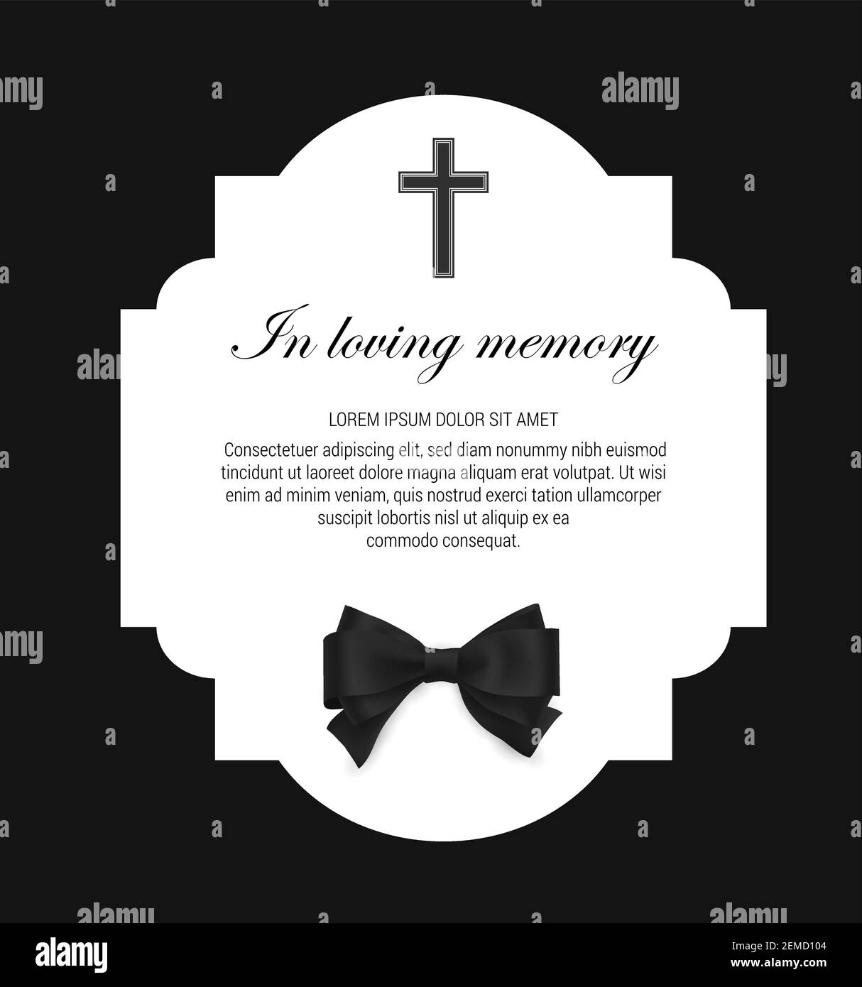 Funeral card, condolence obituary message with RIP black ribbon, vector template. In loving memory, death mourning card with Christian cross in black Stock Vector