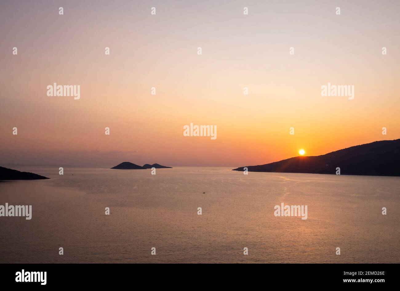 View of Mediterranean coast near Kas town during sunset, southern Turkey Stock Photo