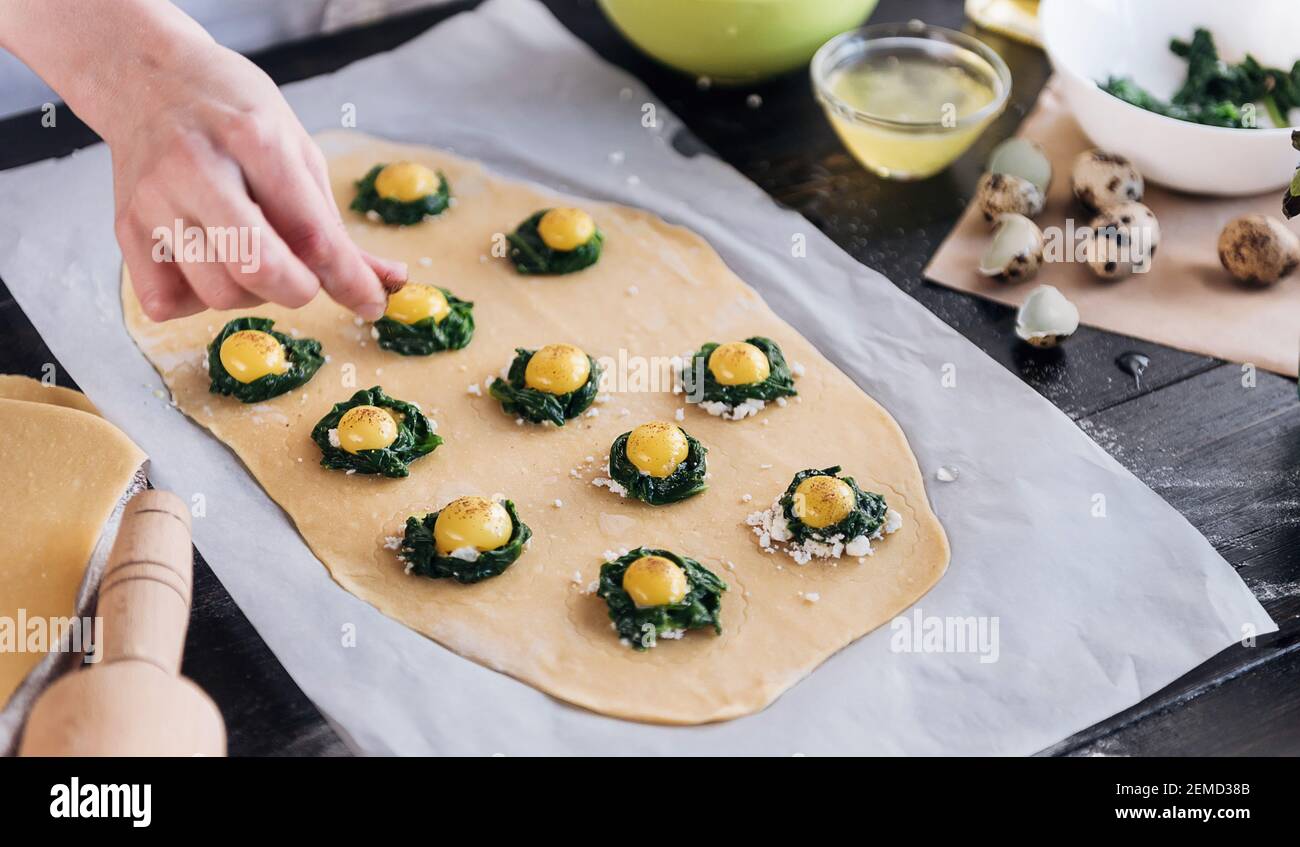 Step by step the chef prepares ravioli with ricotta cheese, yolks quail