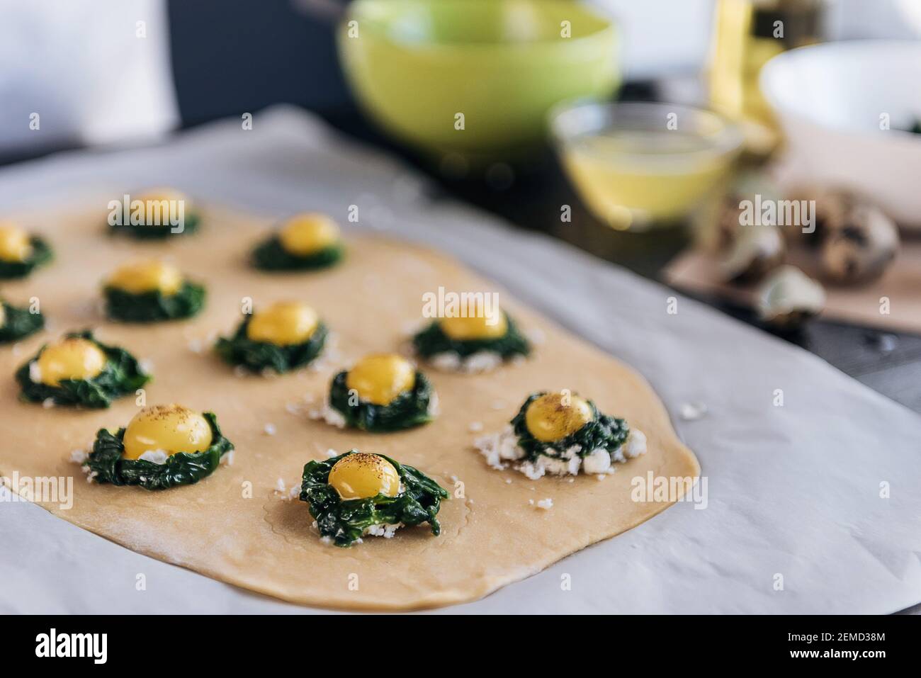 Step by step the chef prepares ravioli with ricotta cheese, yolks quail