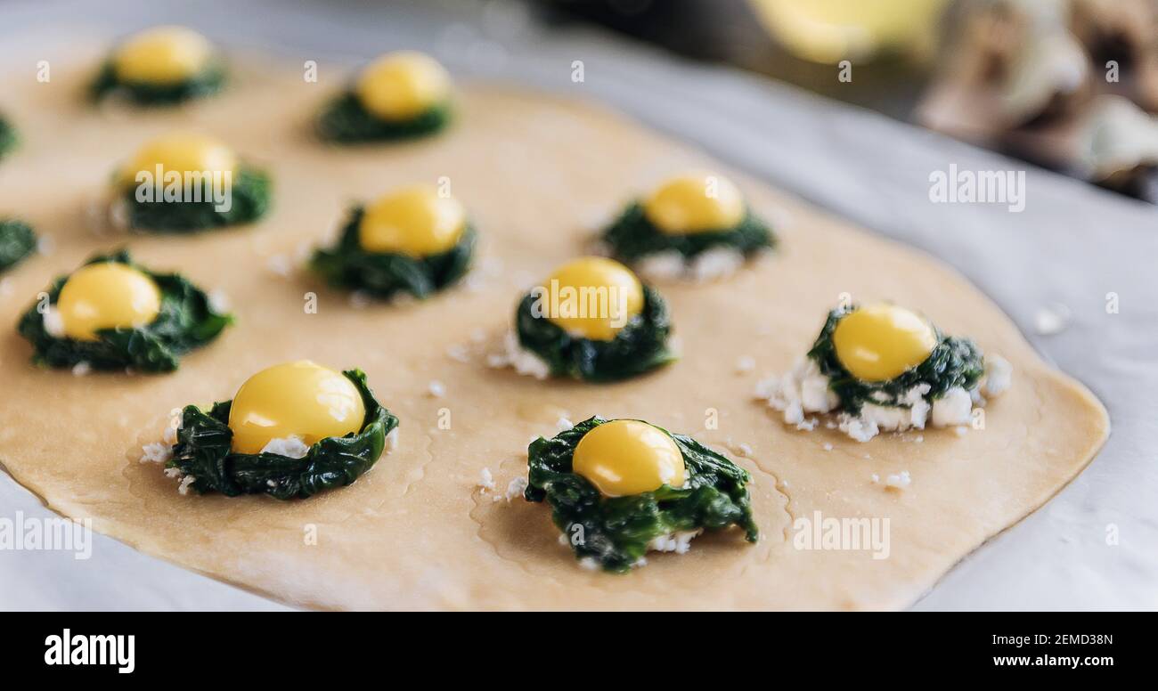 Step by step the chef prepares ravioli with ricotta cheese, yolks quail