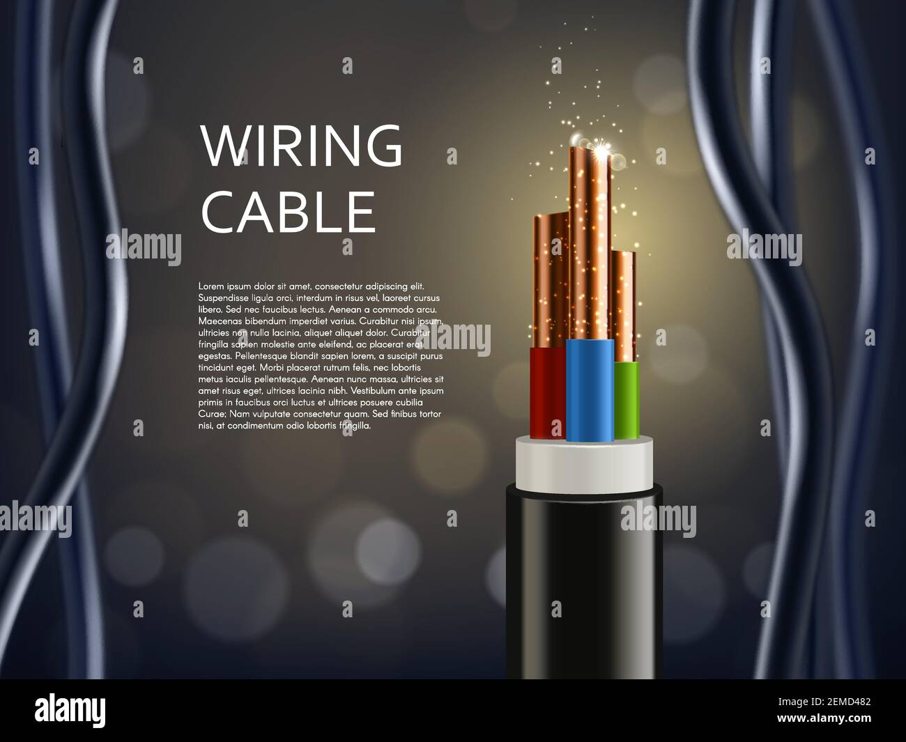 Wiring cable with copper shine sparks, vector poster. Realistic wire