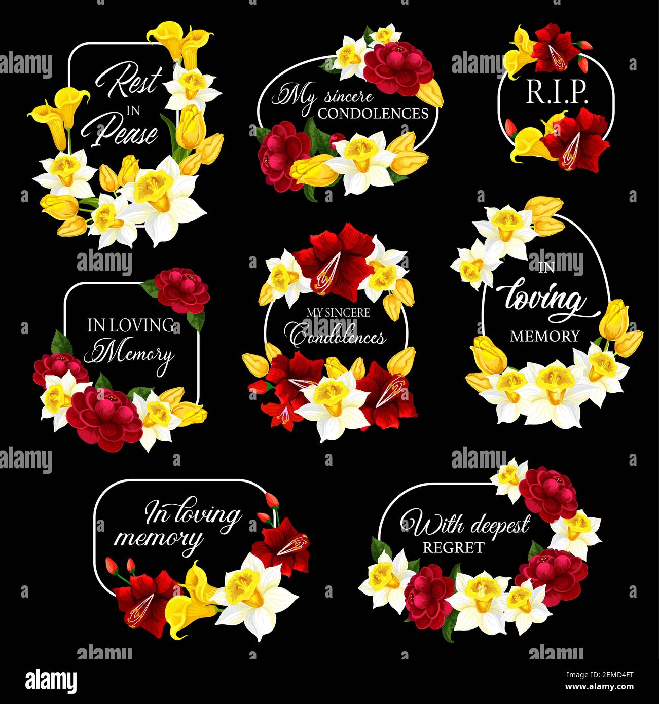 Funeral frames and obituary card borders, vector memorial condolences. Funeral floral frames black plaques for mourning and loving memory, RIP rest in Stock Vector