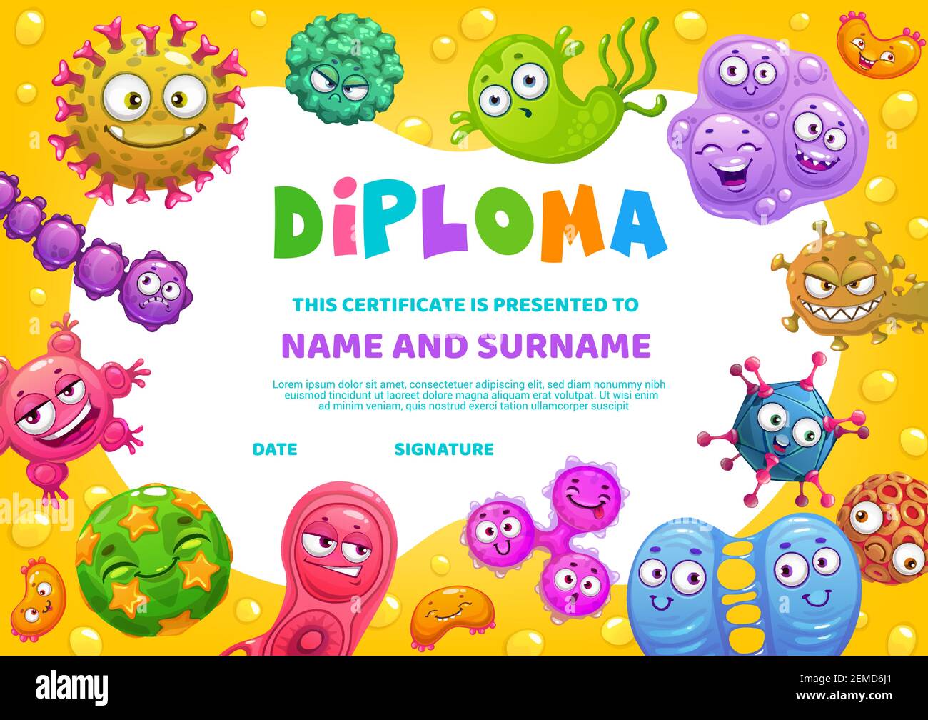 School diploma, vector certificate template with funny germs characters, cartoon education frame