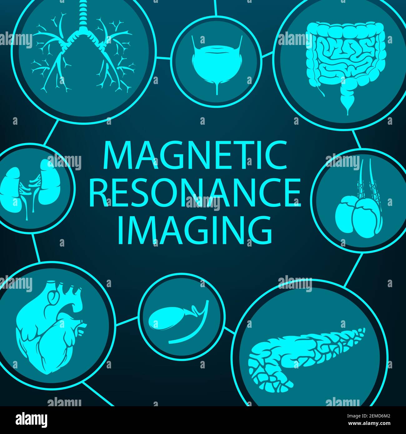 MRI magnetic resonance imaging, medical diagnostic and healthcare clinic radiology, vector poster. MRI analysis and diagnostics of digestive, respirat Stock Vector