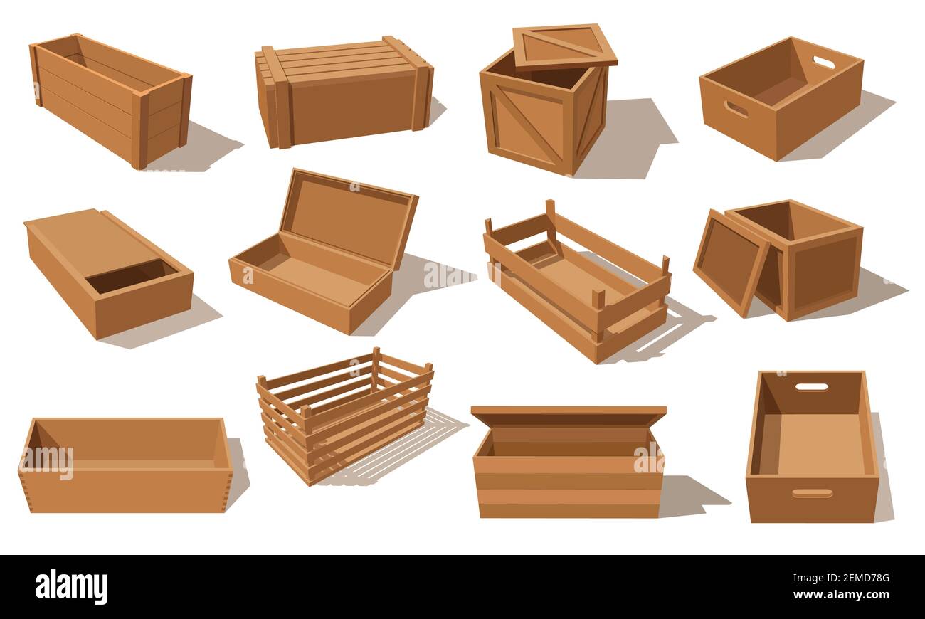 Wooden boxes, vector parcels for goods packaging isolated pallets and empty transportation containers. Wood drawers and crates, cargo distribution pac Stock Vector