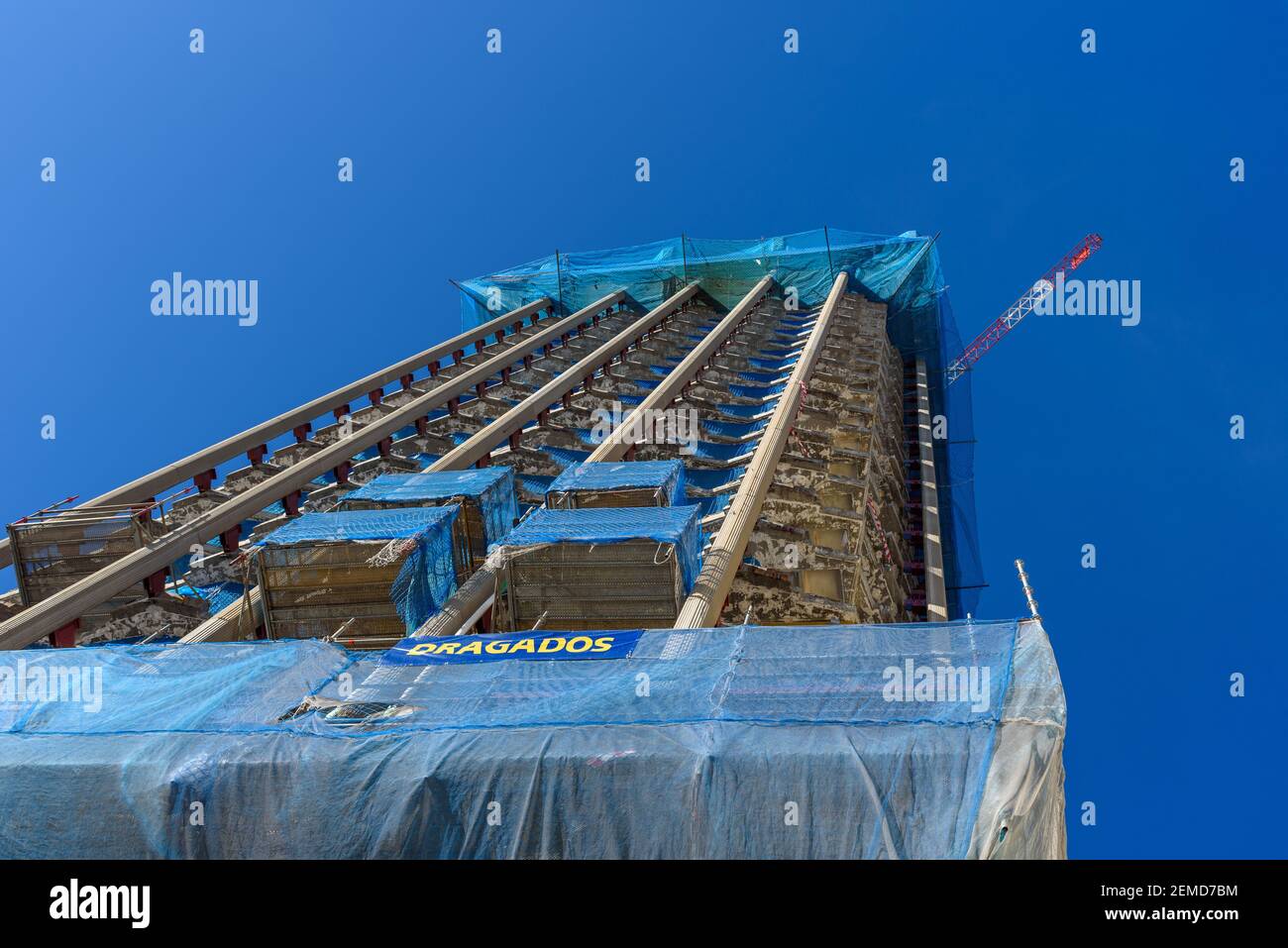 Madrid, Spain - February 14, 2021: Low angle view of Colon Towers under ...