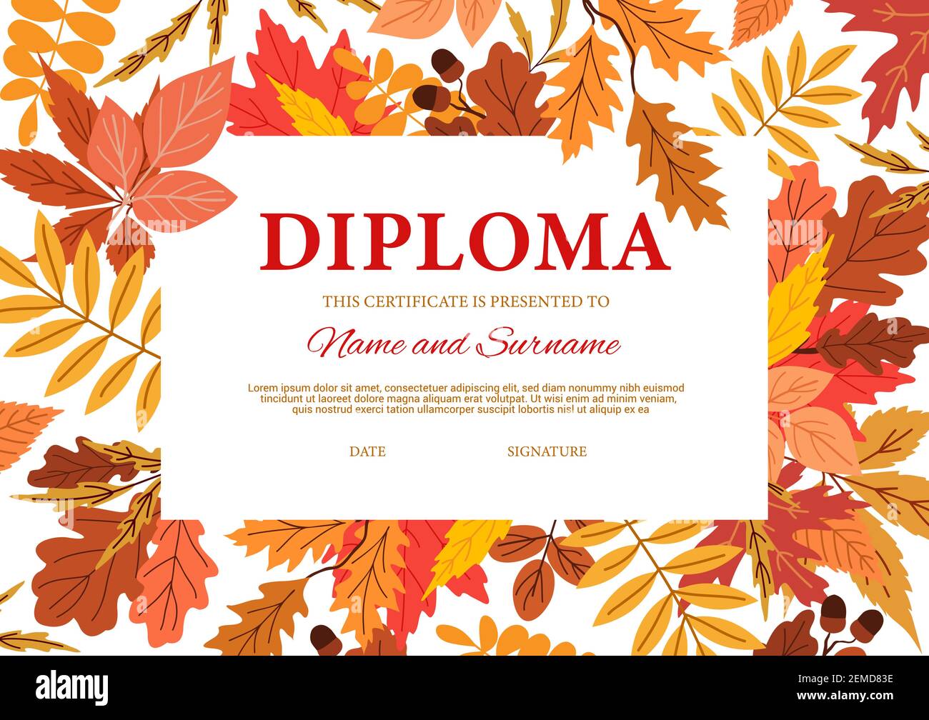 Diploma certificate with autumn leaves, vector template. Kindergarten, college or kid school diploma certificate, graduation and education training le Stock Vector