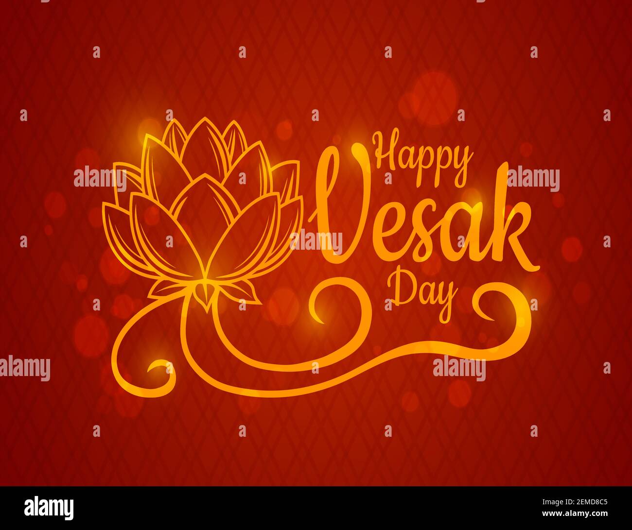 Happy Vesak Day holiday. Glow vector lotus flower ornament on red