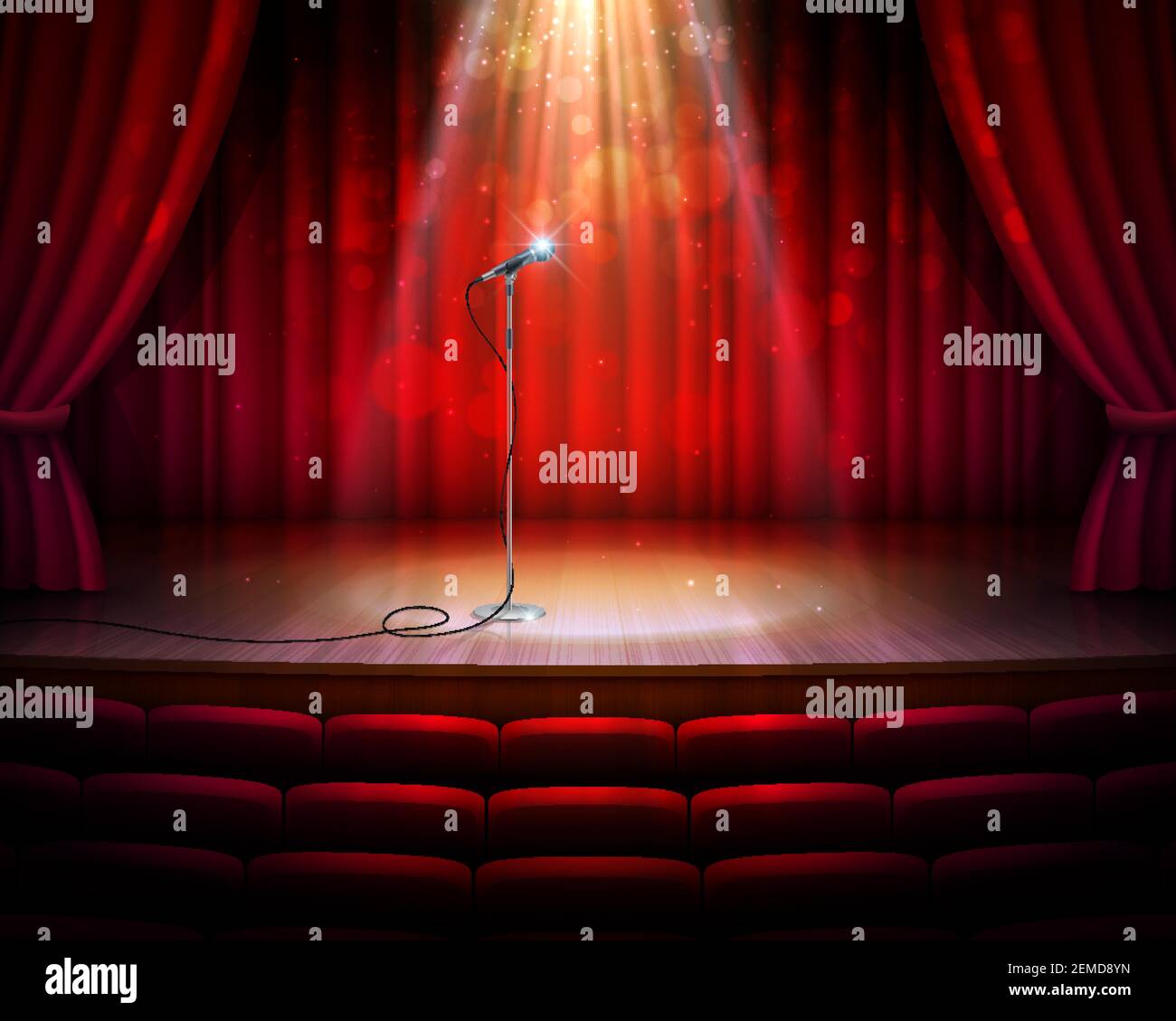 Stage with red curtains, microphone and spotlight, vector realistic background. Theater, cabaret show or opera music concert scene stage with seats, r Stock Vector
