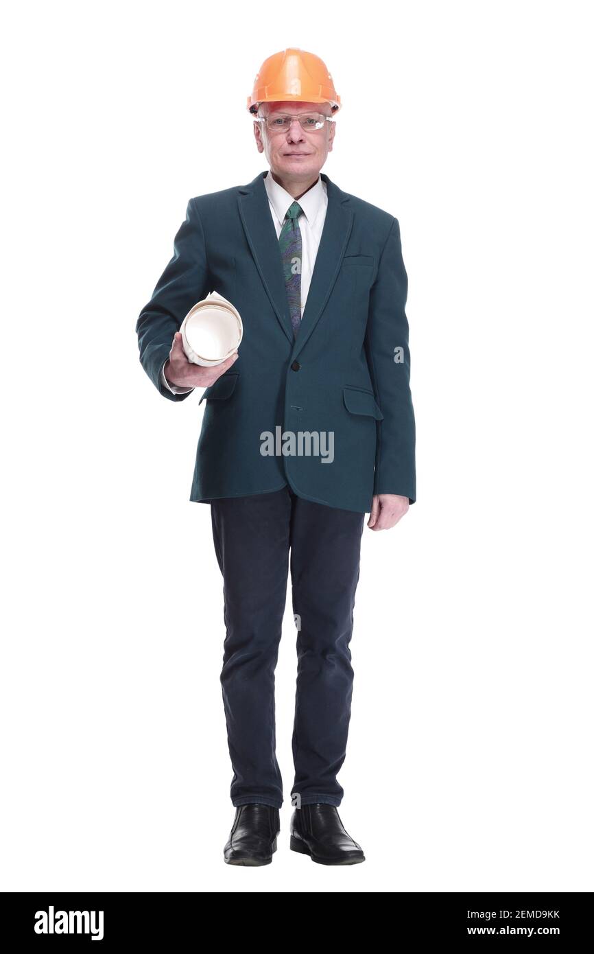 professional architect with tube drawings looking at you Stock Photo