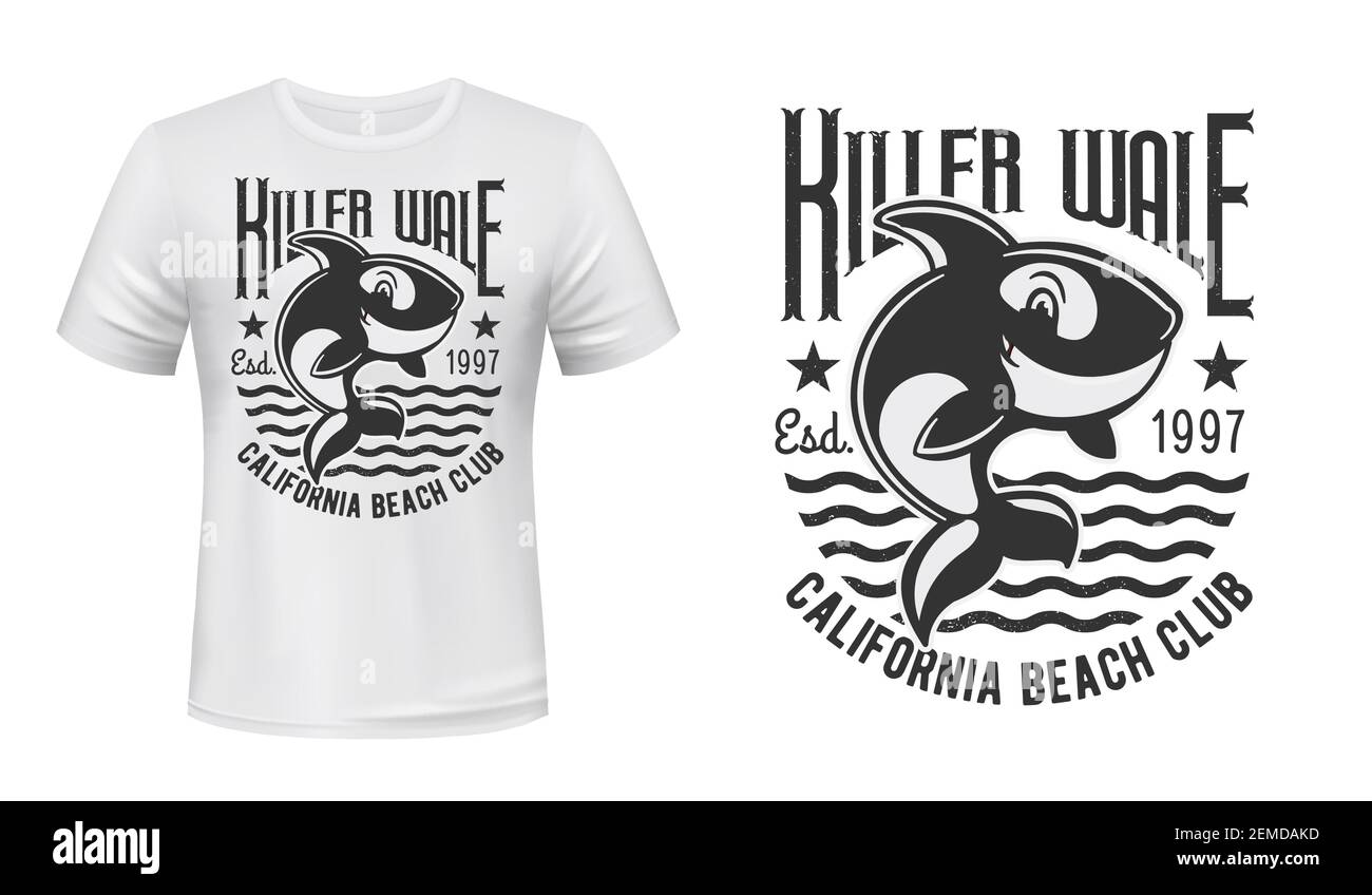 Killer whale t-shirt print vector mockup. Cute orca character jumping ...