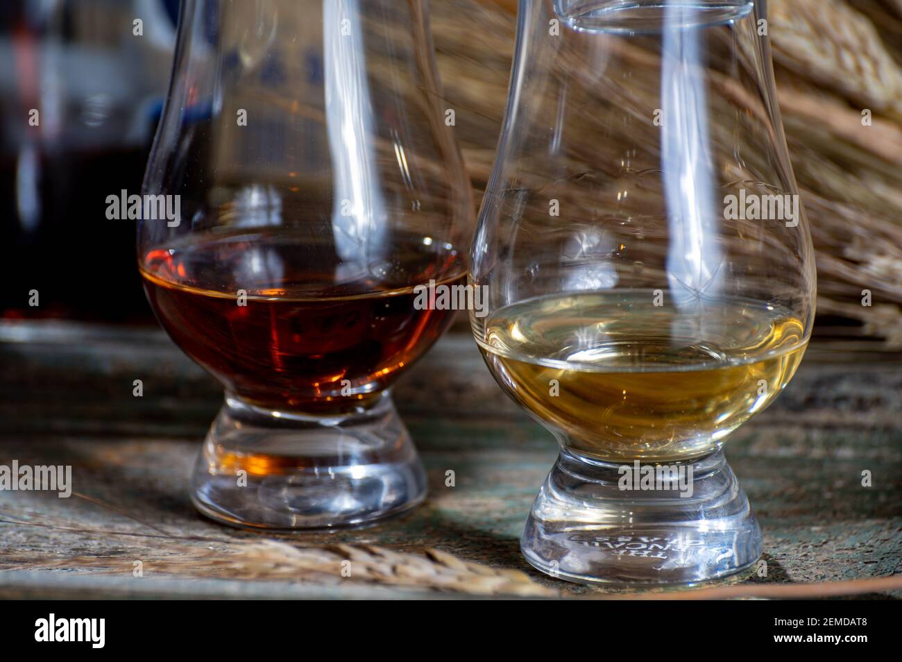 Glasses of single malt and blended scotch whisky served in bar in
