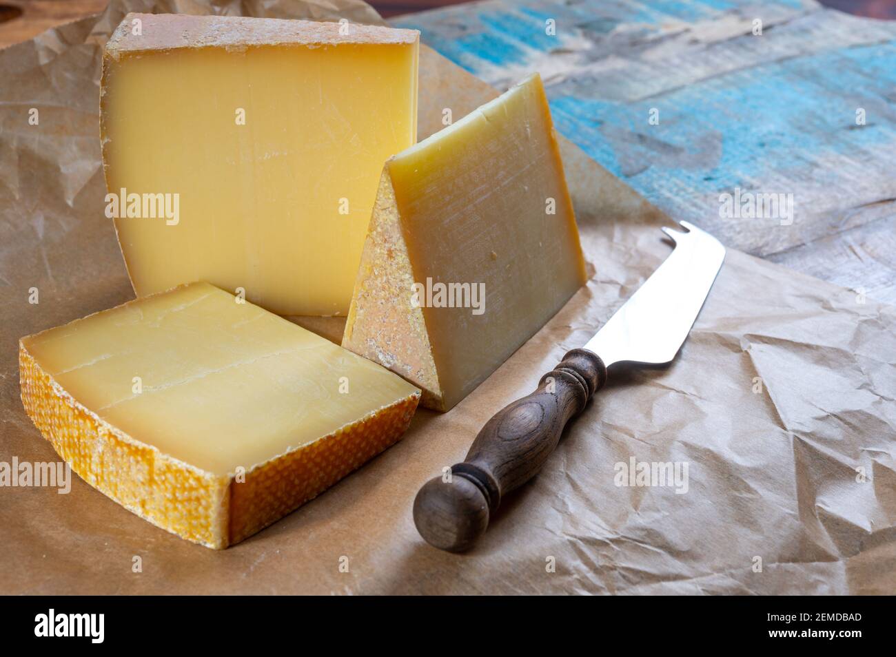 Cheese collection, French comte and Swiss gruyere cheeses close up
