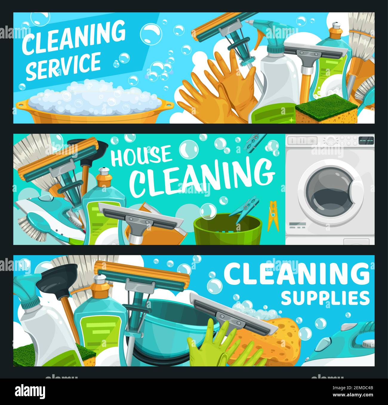 Cleaning service, laundry and hygiene vector banners. Rubber gloves and