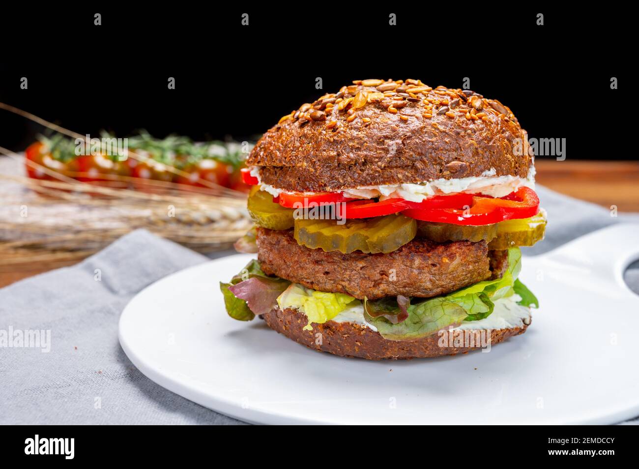 Vegan hamburgers with grilled healthy plant based, meat free burgers