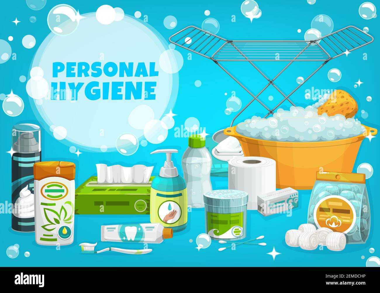 Personal hygiene, health, body care vector banner. Shaving foam and  shampoo, toothpaste and toothbrush, toilet paper, napkins and wipes, cotton  swabs Stock Vector Image & Art - Alamy