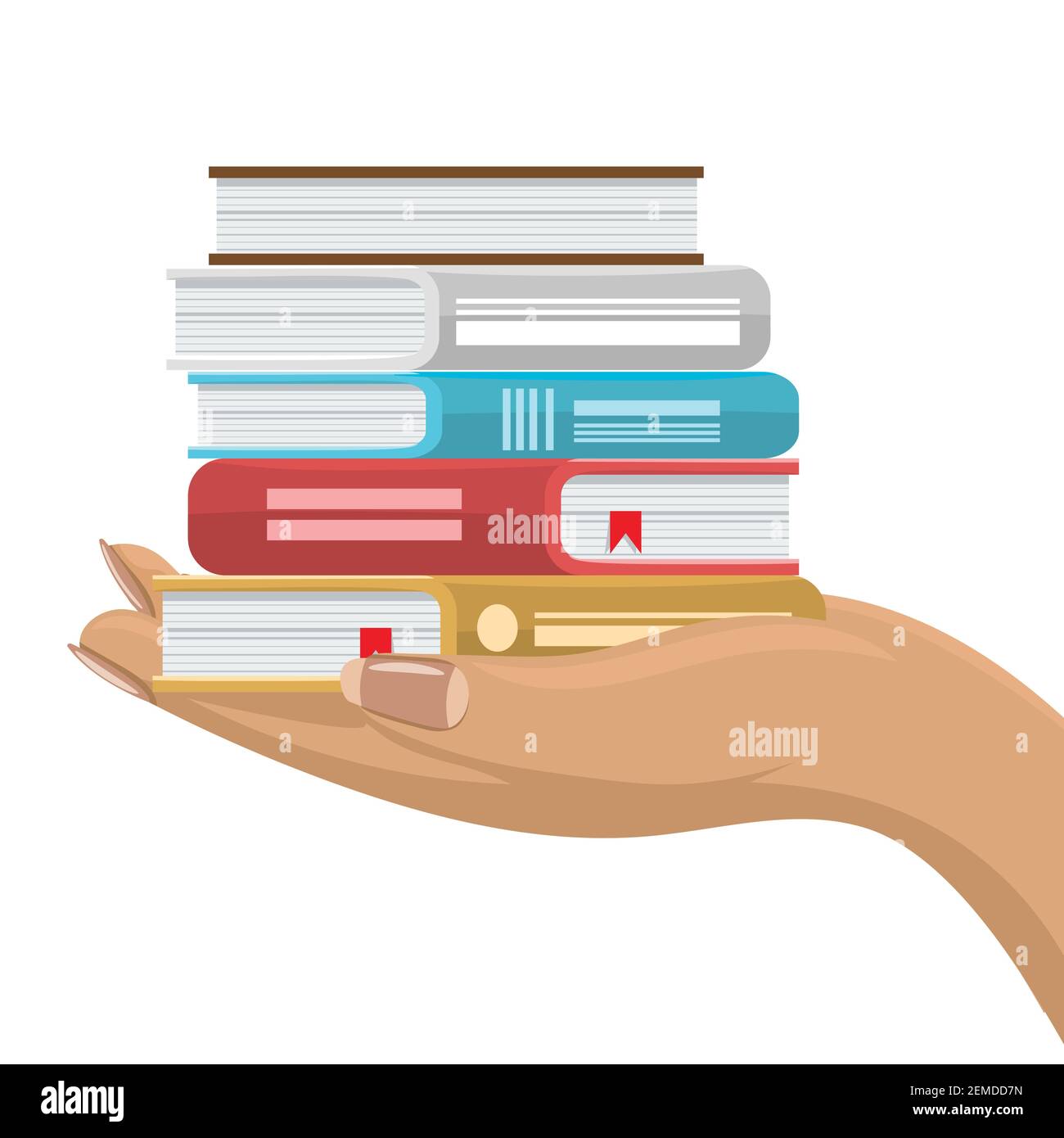 Stack of various books in female hand. Hand holding books. Flat and ...