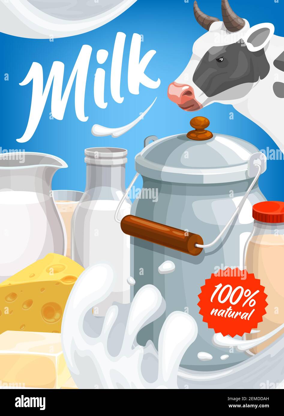 Dairy farm milk food products, vector poster with milk splash on blue  background. Cattle farm cow farming, natural organic milk in pitcher glass  jug a Stock Vector Image & Art - Alamy