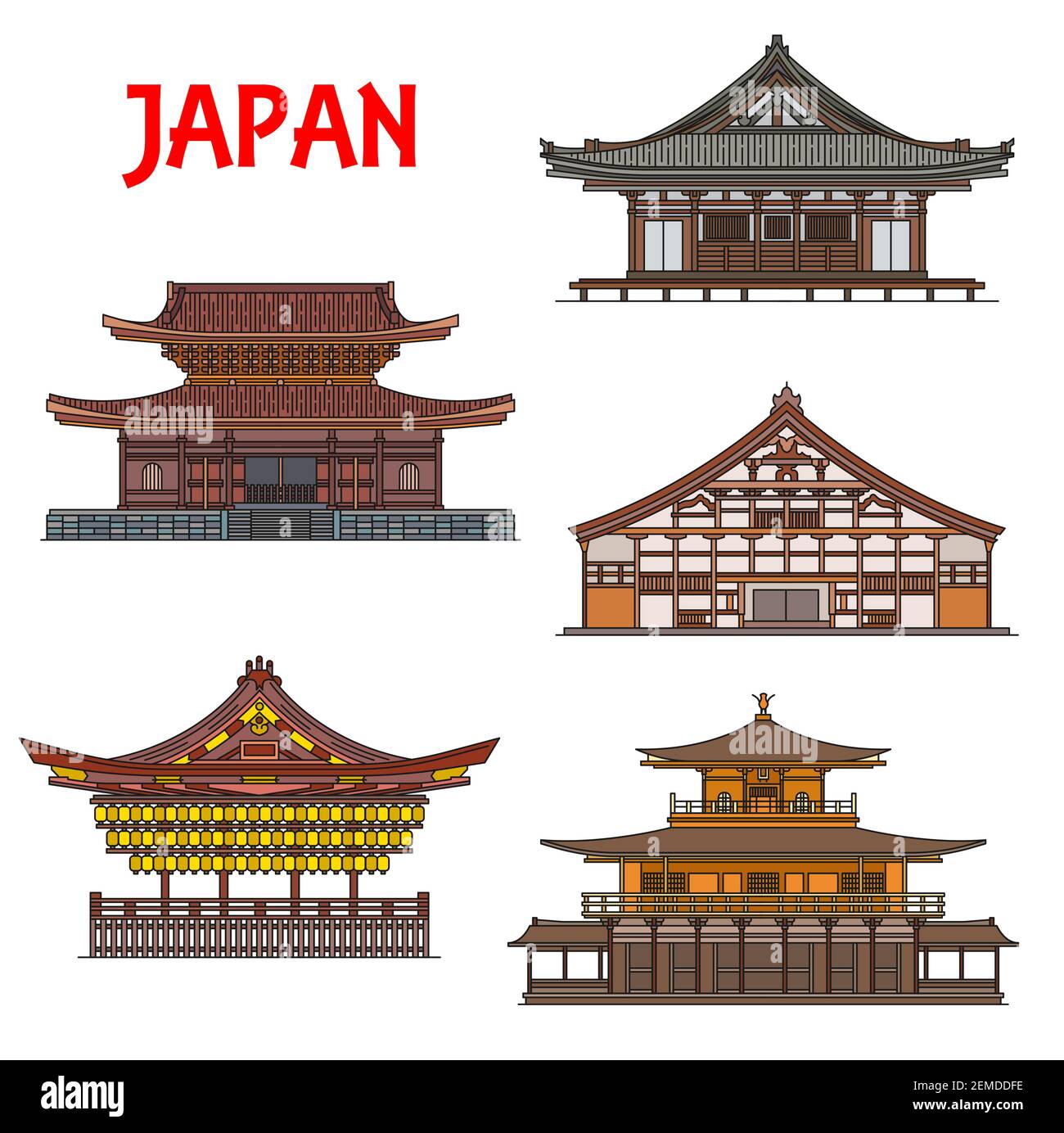 Japanese temples and shrines buildings, Japan pagodas houses, architecture landmarks of Kyoto. Vector icons of Sanjusangen-do, Tenryuji, Myosenji and Stock Vector