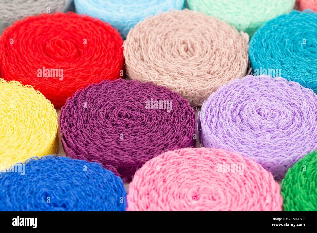 Colorful lace tapes horizontal close up picture. Stock Photo