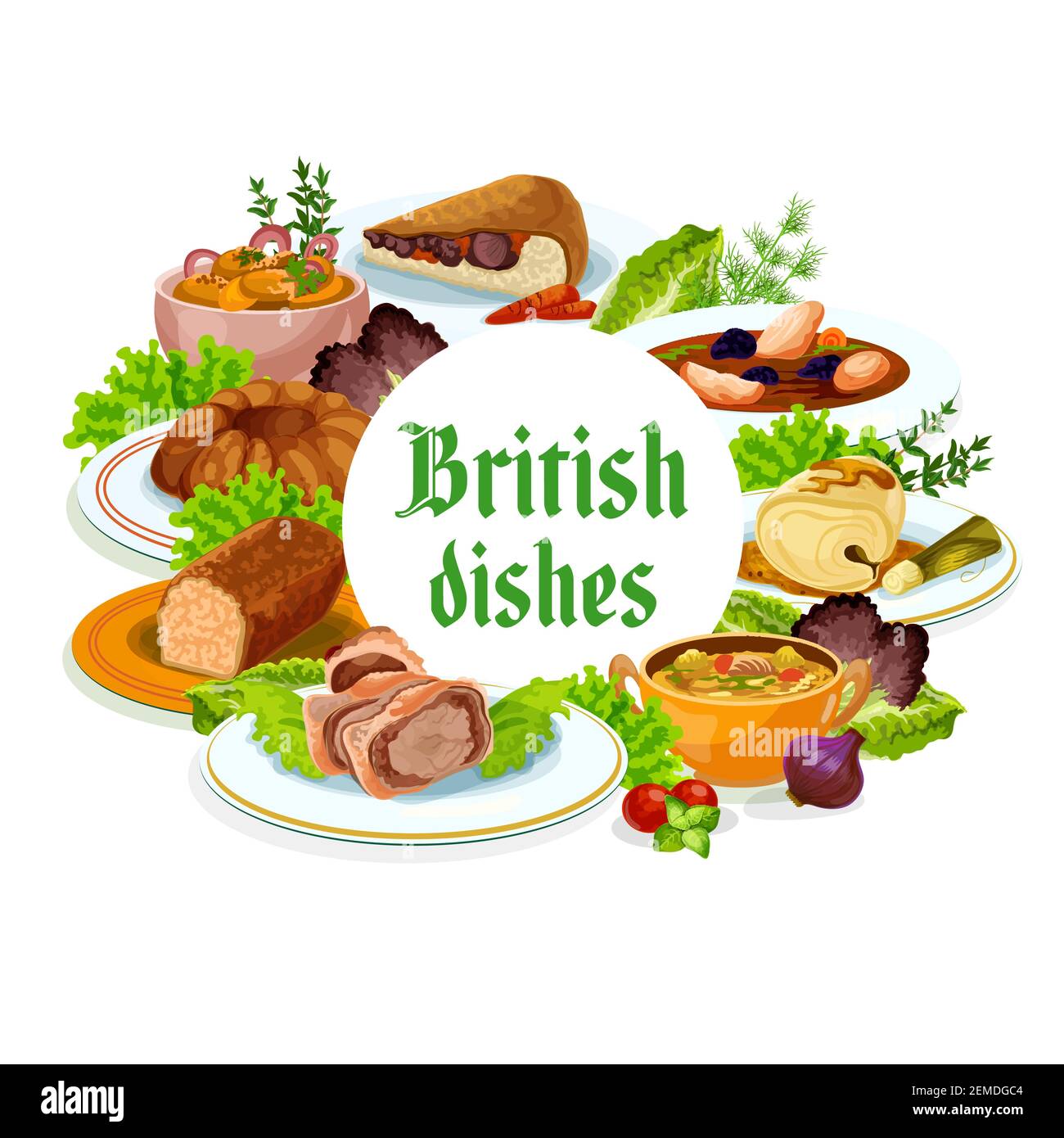 Britain cuisine vector British meals kok-e-liki scotch soup, cod with sauce and english beef wellington, christmas pudding, veal, parkin and picadili Stock Vector