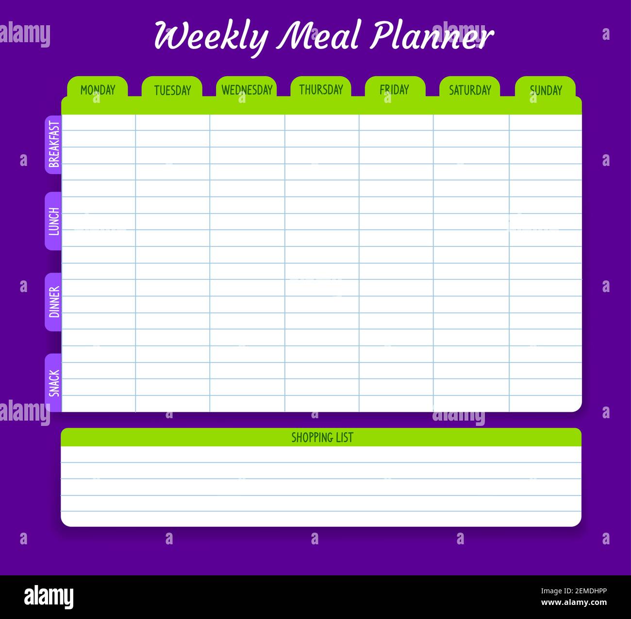 Weekly meal planner, vector food plan for week. Calendar menu for