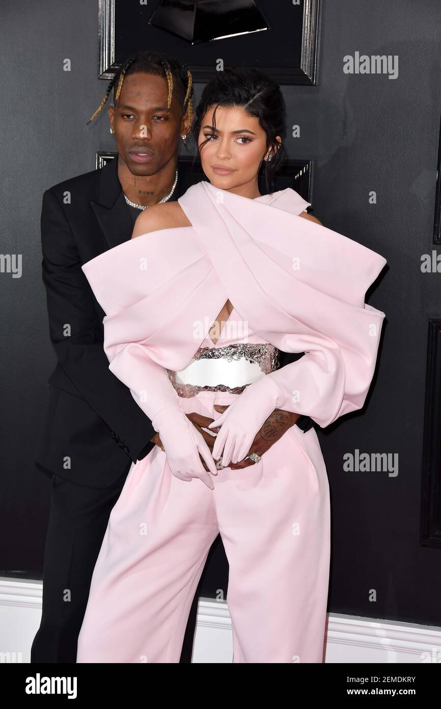 Travis Scott and Kylie Jenner arrives at the 61st Annual Grammy Awards red carpet at the Staples Center in Los Angeles California on February 10 2019. Photo by Sthanlee Mirador Sipa USA Stock