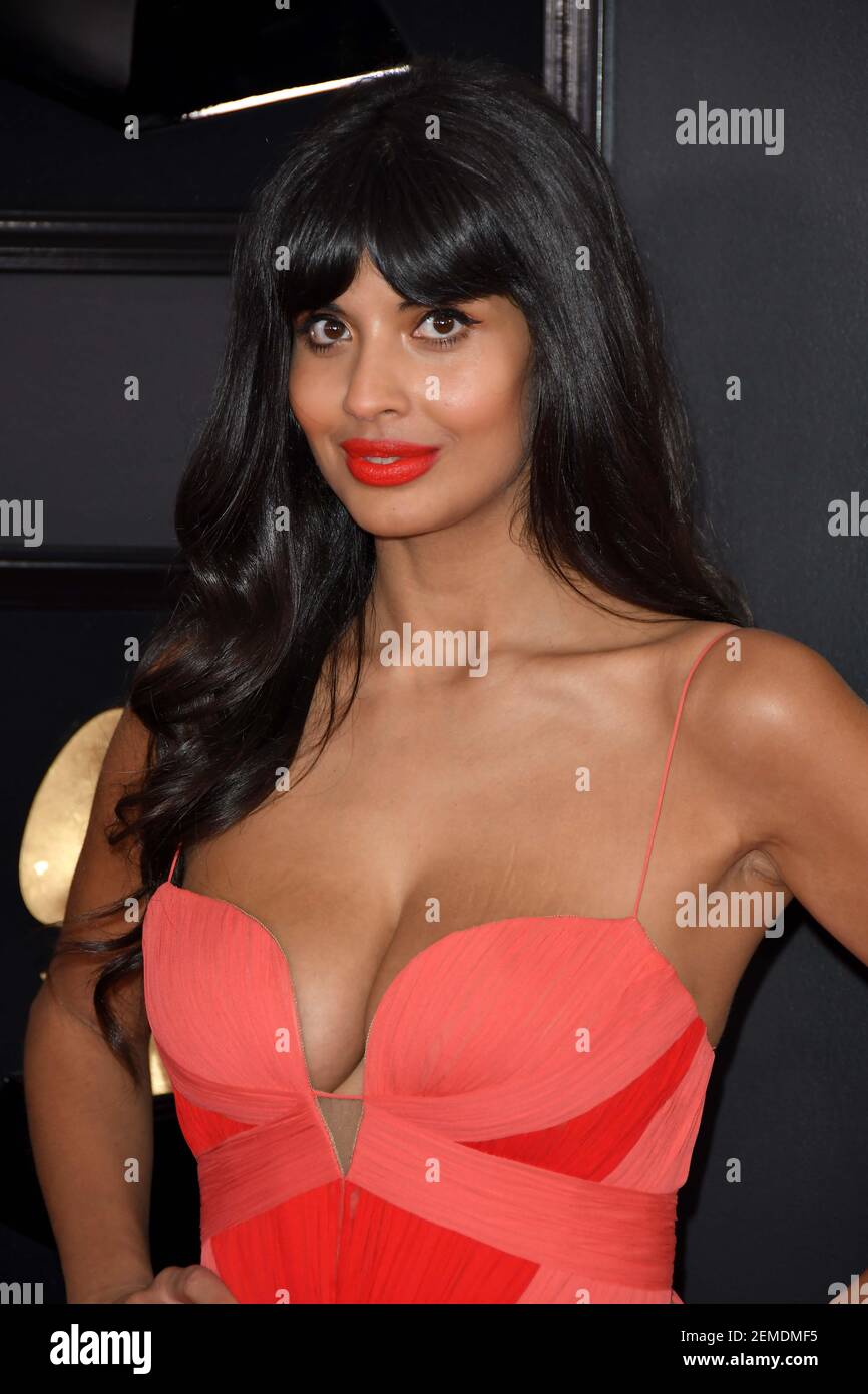 Jameela Jamil arrives at the 61st Annual Grammy Awards red carpet at