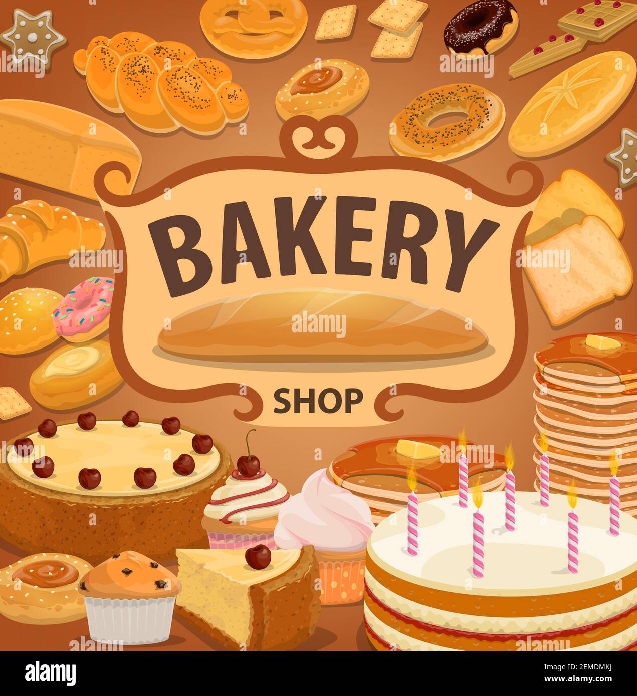 Bread, desserts and pastry, vector bakery shop production sweet baked