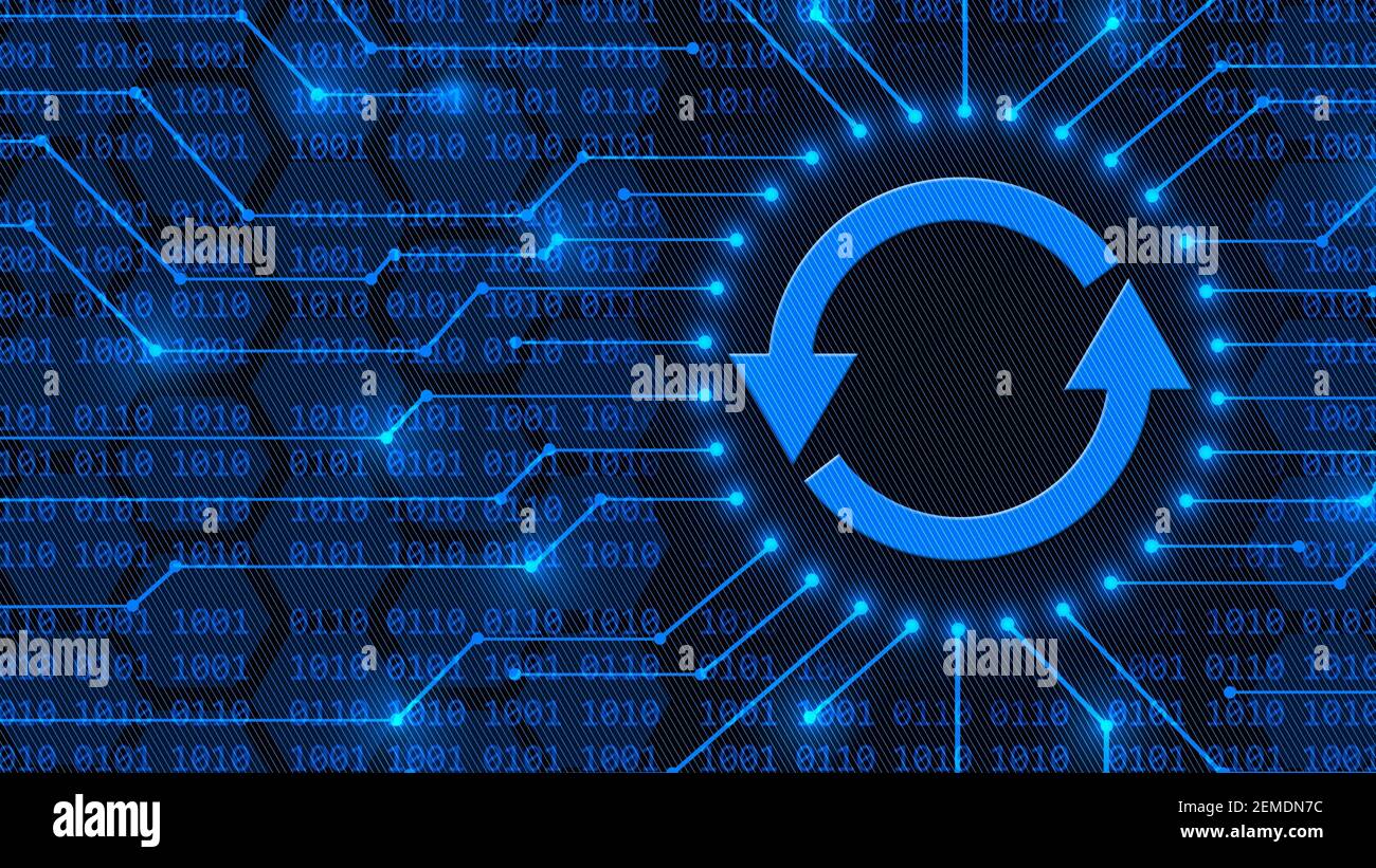 UPDATE sign between information connecting lines - abstract background of 4-digit binary code over blurred honeycomb elements - Software Update Stock Photo