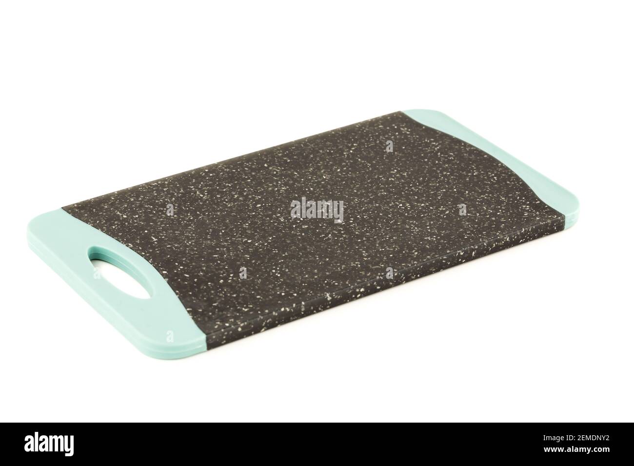 Black plastic cutting board isolated on white background. Stock Photo