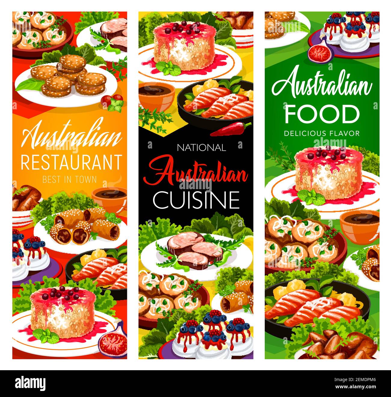 Australian cuisine food dishes, restaurant menu, Australia traditional  meals, vector. Australian buffet veal meat, lamb in puff pastry, crumpled  rosem Stock Vector Image & Art - Alamy