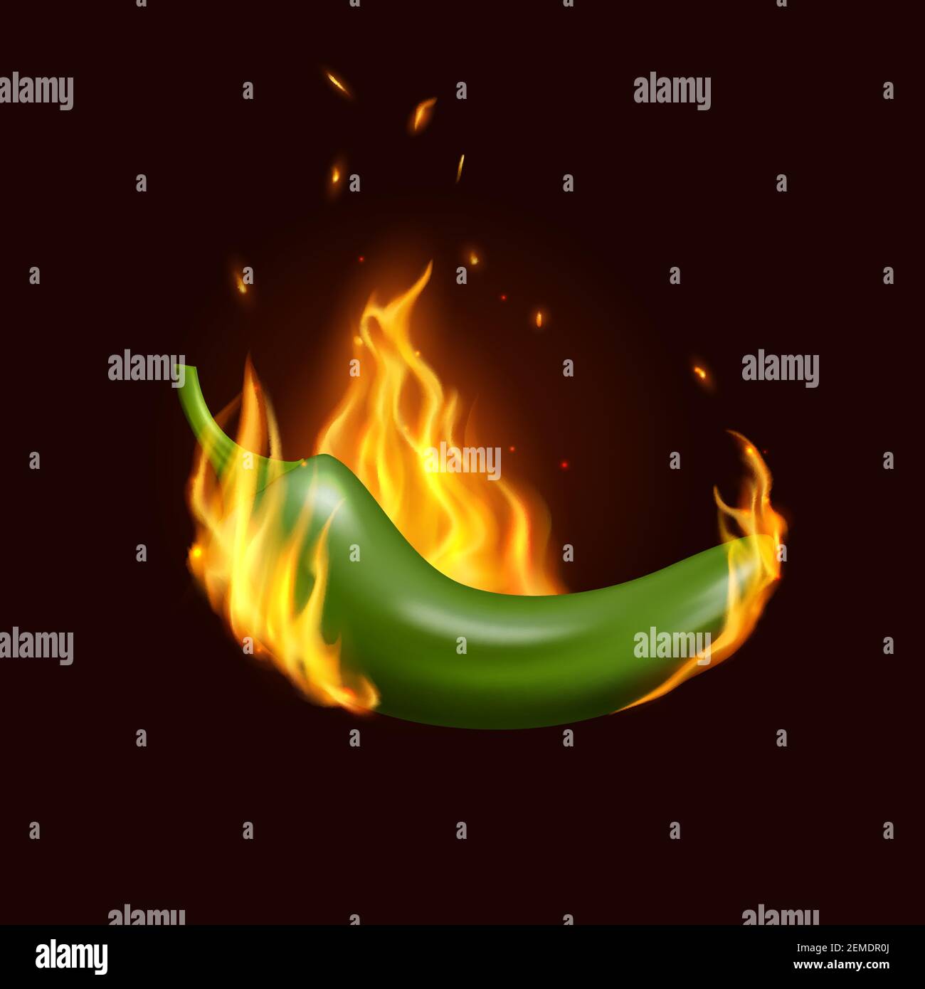 Jalapeno chili pepper in fire flame. Realistic vector Mexican spicy