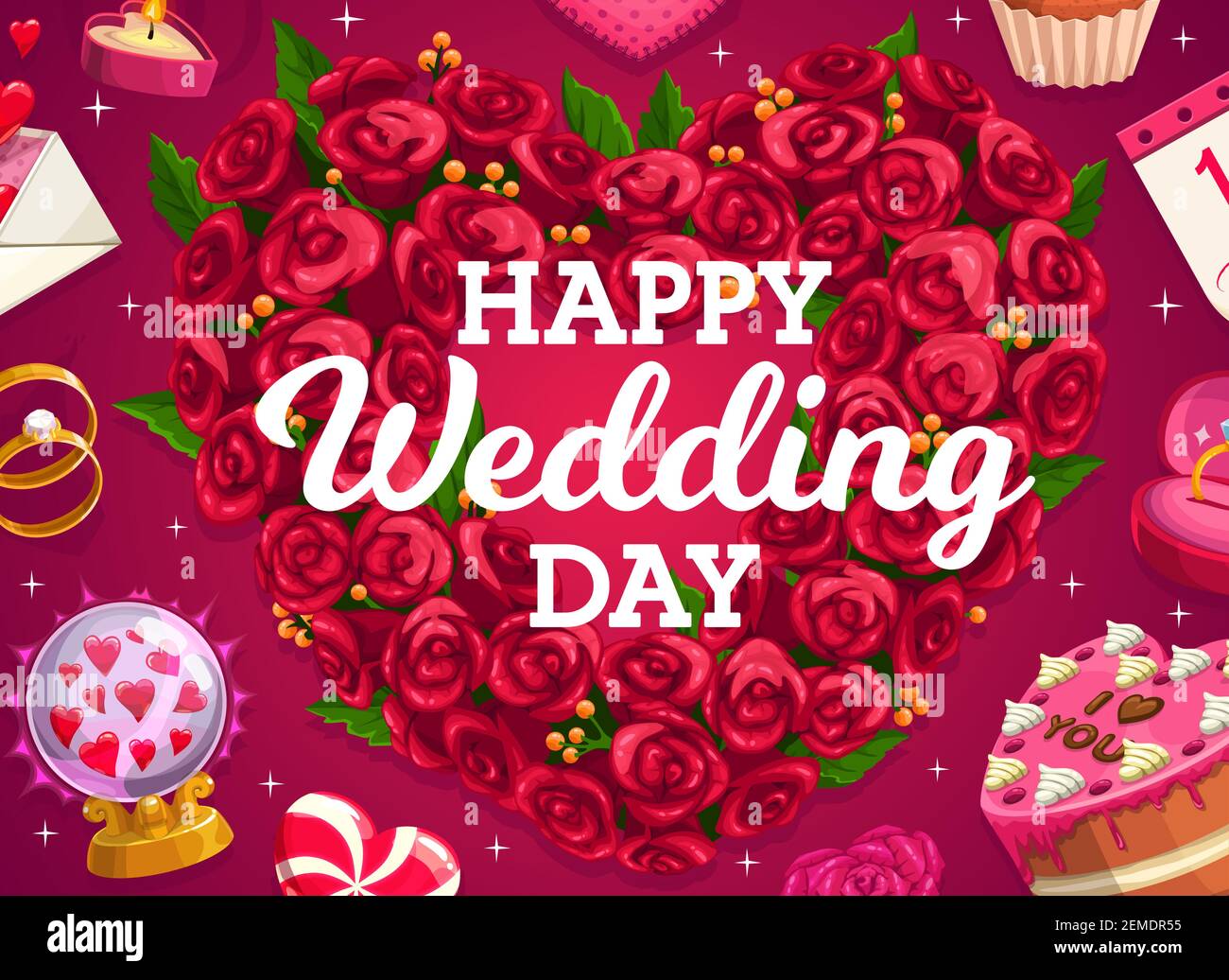 Wedding wreath, cake and love heart of flowers, vector bride and groom ...