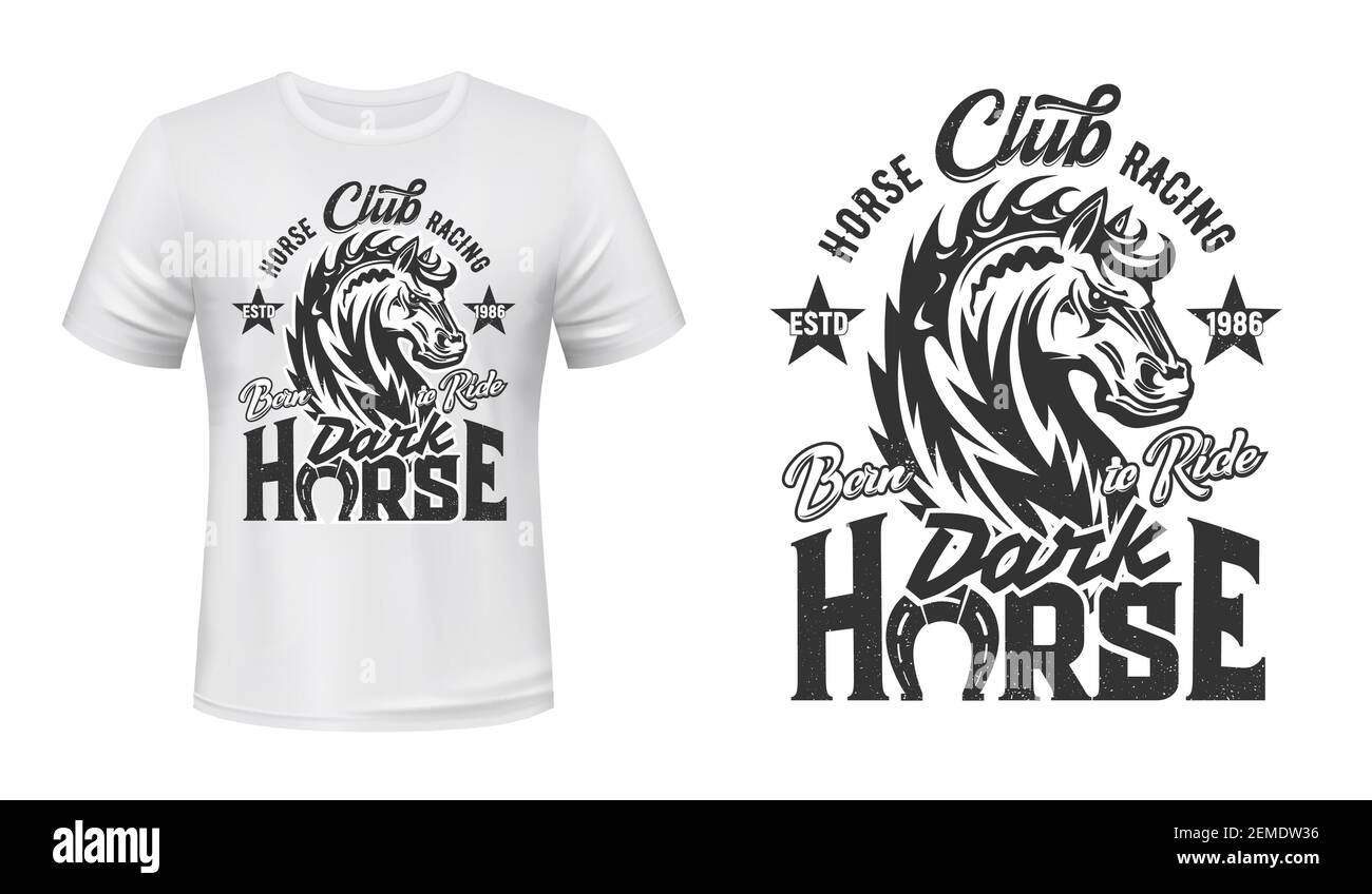 Equestrian sport t-shirt print with steed stallion, horse racing vector mascot. Stallion monochrome animal and grunge lettering with horseshoe on whit Stock Vector