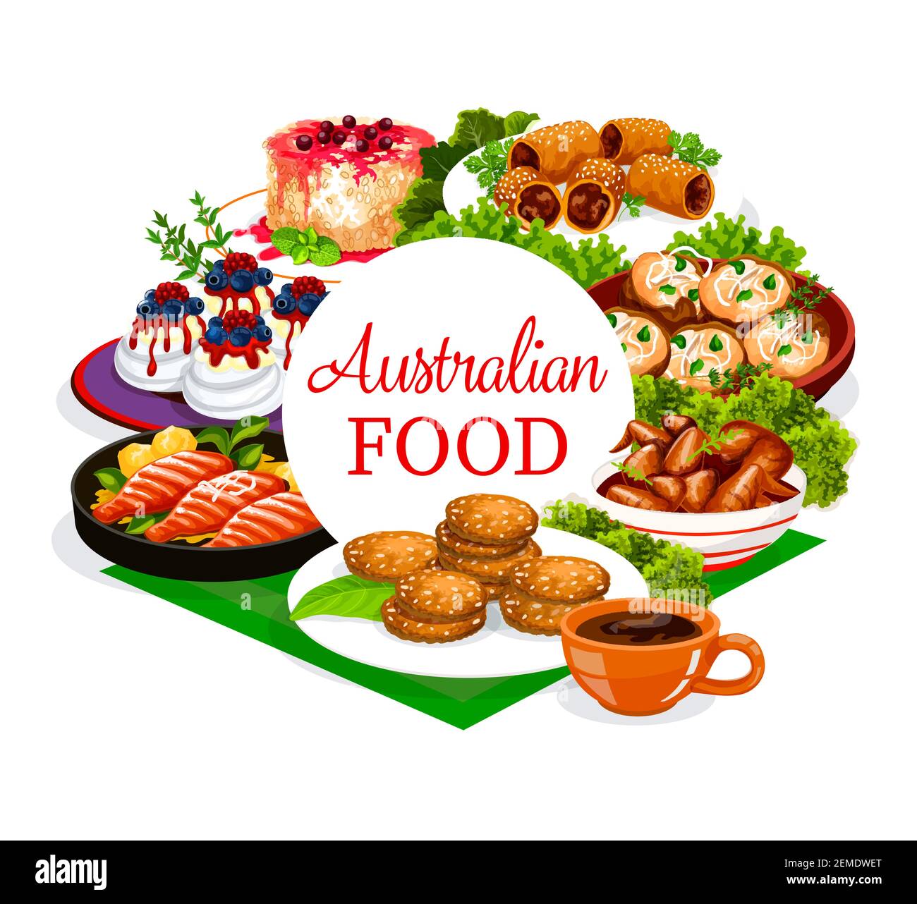 Australian cuisine food menu, meat and fish dishes, Australia restaurant traditional meals
