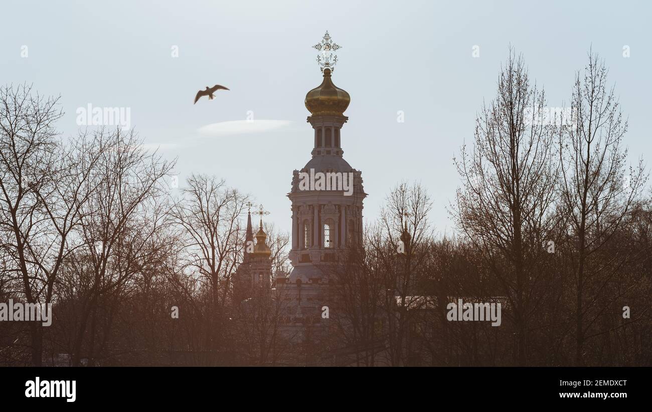 Early spring in Russia. Church topped with cross in sunny park at sunset. Bare trees & bird flies in sky. Voskresenskaya Church in Vasilyevsky Island. Stock Photo
