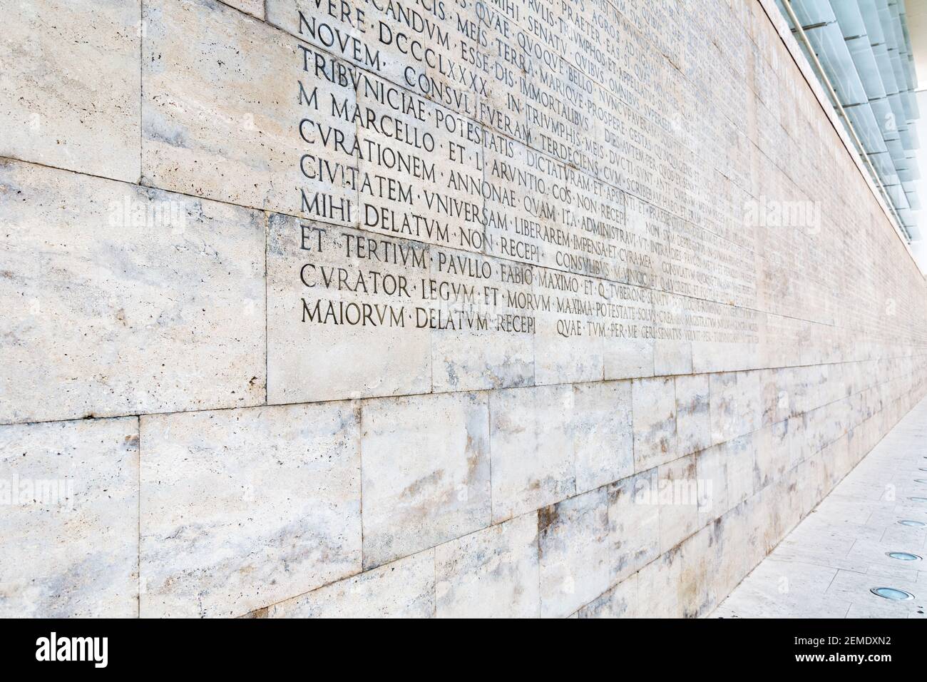 Rome, Italy - Oct 04, 2018: The fascist-era copy of the Res Gestae Divi Augusti, placed on the back of the Museum  dell'Ara Pacis Stock Photo