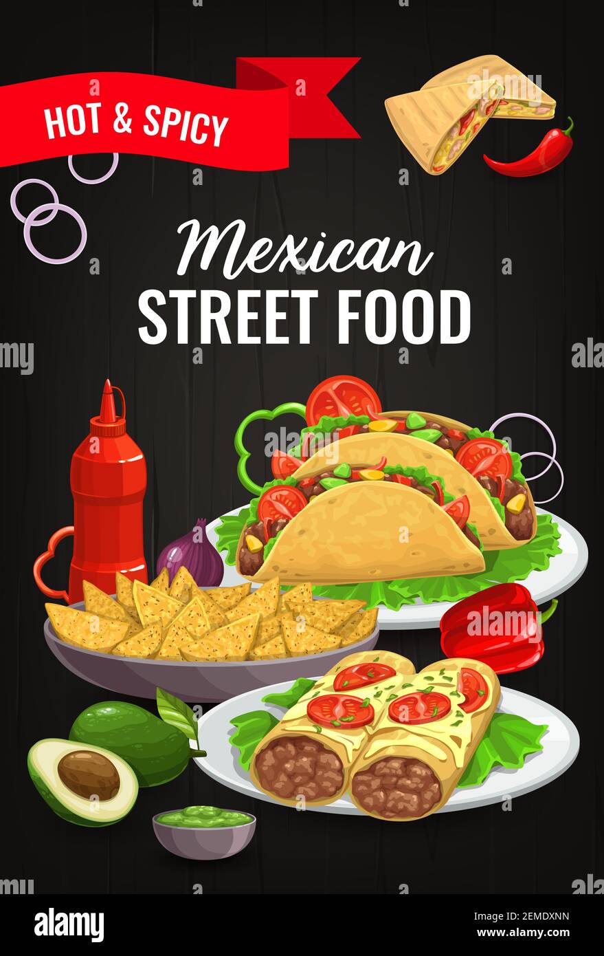 Mexican cuisine food, Mexico dishes taco and spicy burrito, vector