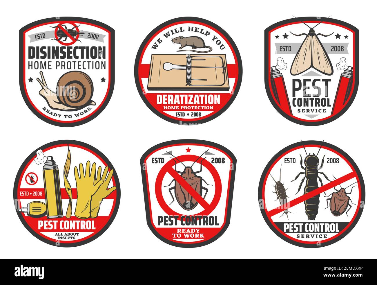 Pest control icons, insects disinfection, deratization and extermination service, vector signs. Insects and rodents pesto control, home disinfestation Stock Vector